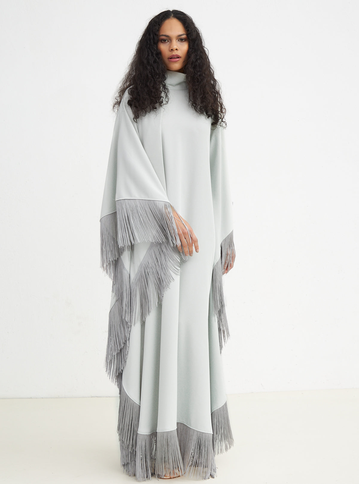 Light Mint Fringed Kaftan Dress With Tie Neck Detailed - Store WF