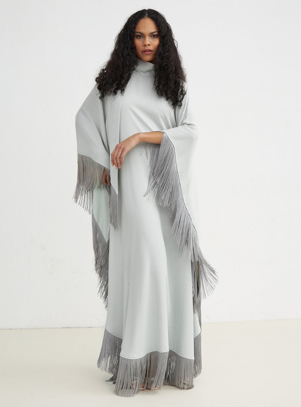 Light Mint Fringed Kaftan Dress With Tie Neck Detailed - Store WF