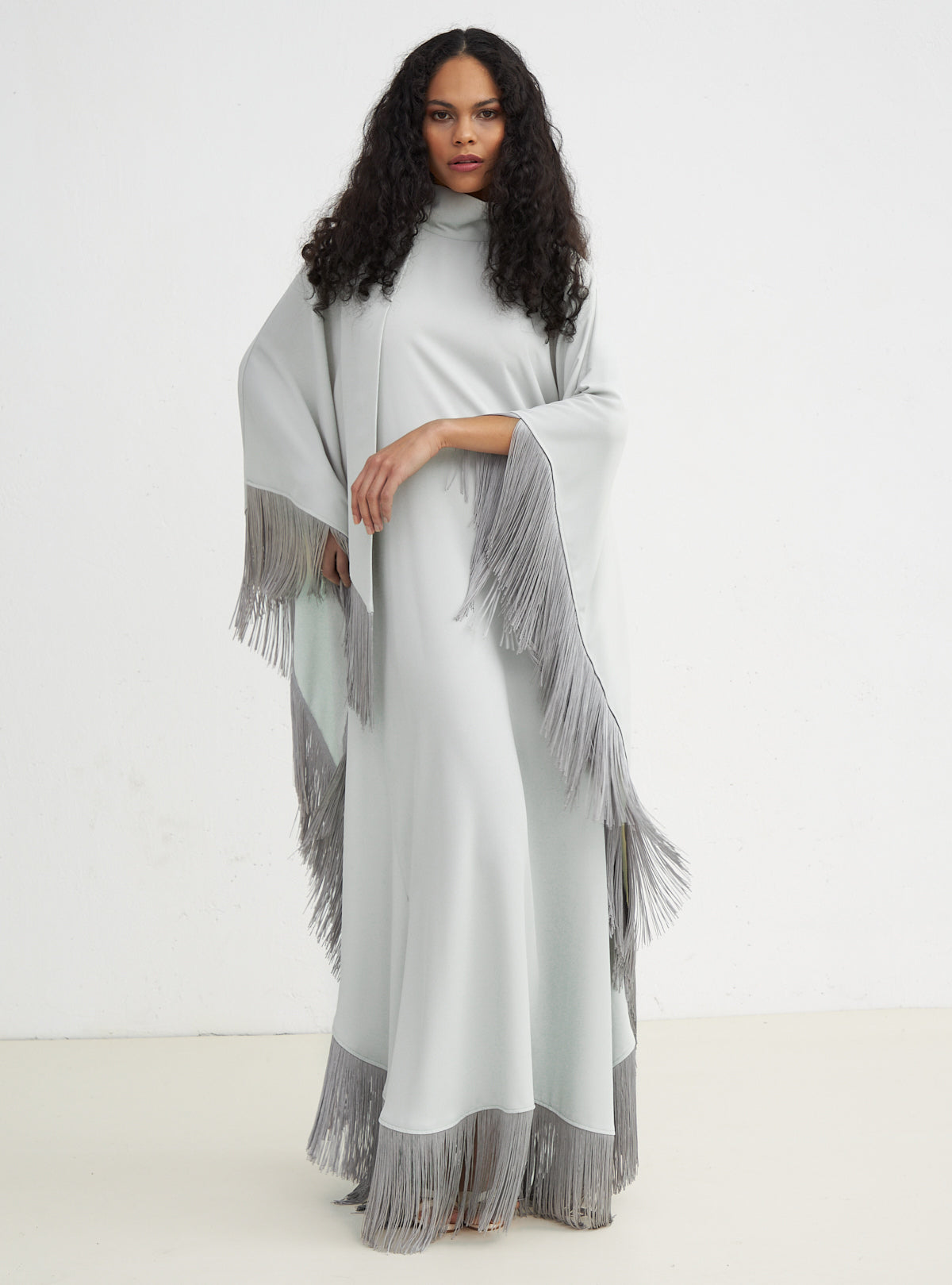 Light Mint Fringed Kaftan Dress With Tie Neck Detailed - Store WF