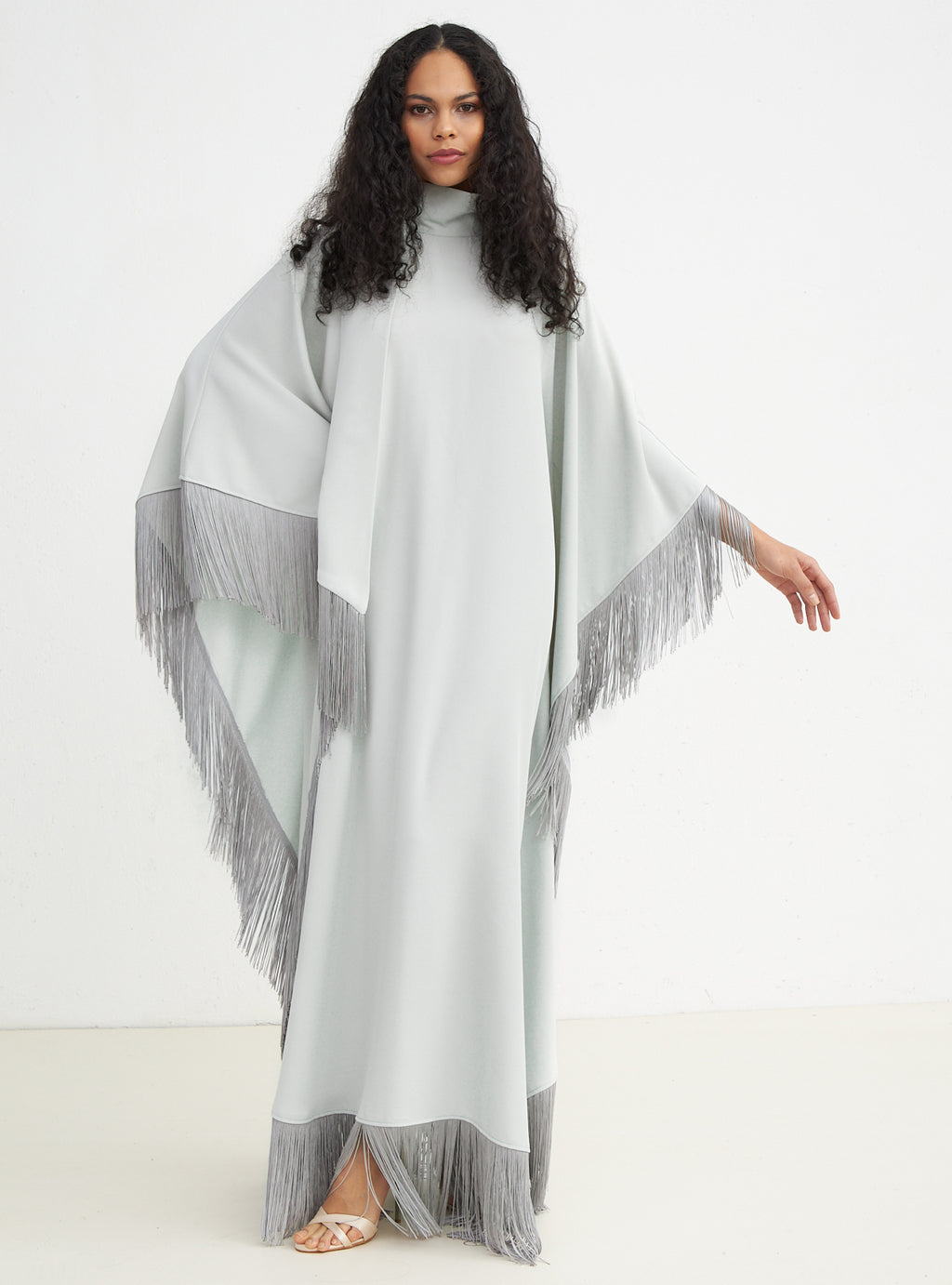 Light Mint Fringed Kaftan Dress With Tie Neck Detailed - Store WF