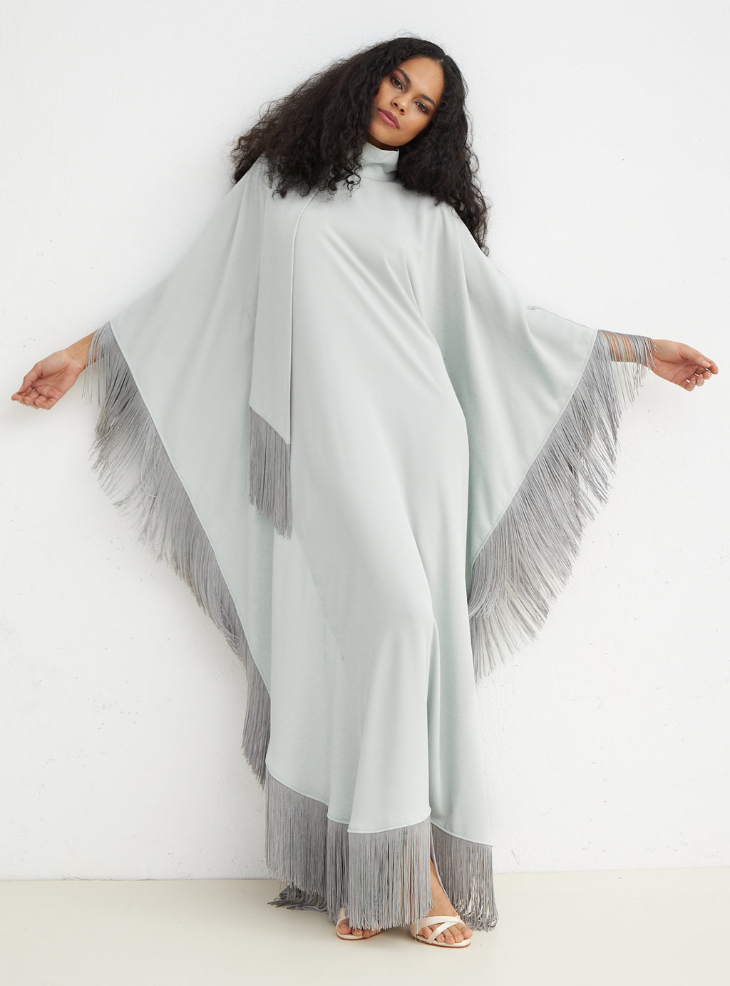 Light Mint Fringed Kaftan Dress With Tie Neck Detailed - Store WF
