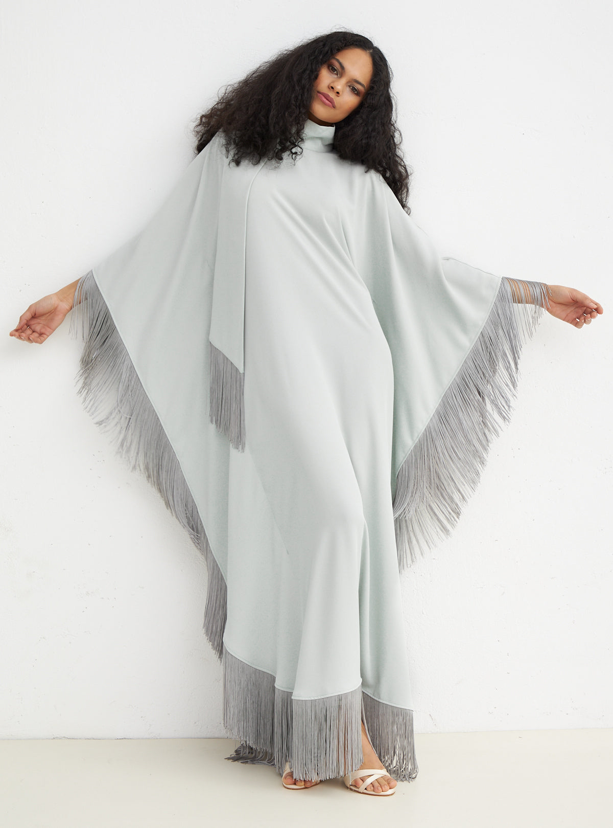 Light Mint Fringed Kaftan Dress With Tie Neck Detailed - Store WF