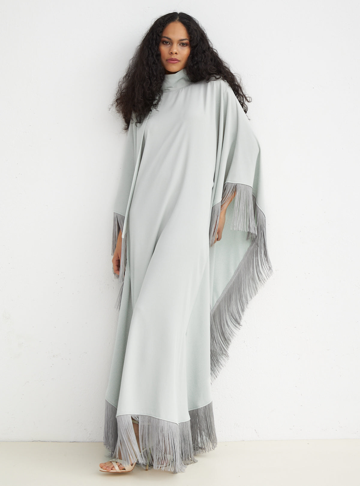Light Mint Fringed Kaftan Dress With Tie Neck Detailed - Store WF