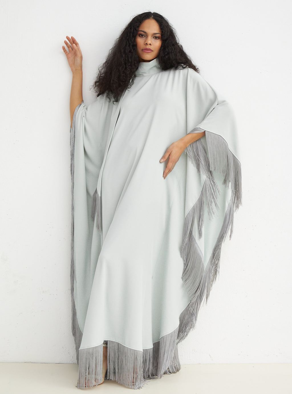 Light Mint Fringed Kaftan Dress With Tie Neck Detailed - Store WF