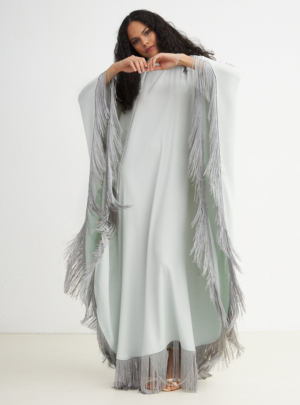 Light Mint Fringed Kaftan Dress With Tie Neck Detailed - Store WF