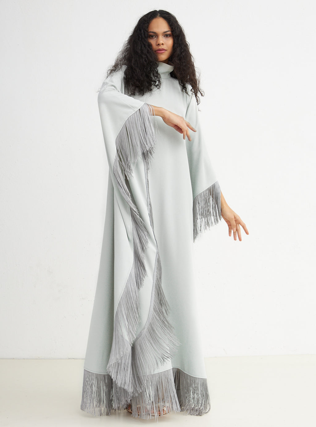 Light Mint Fringed Kaftan Dress With Tie Neck Detailed - Store WF