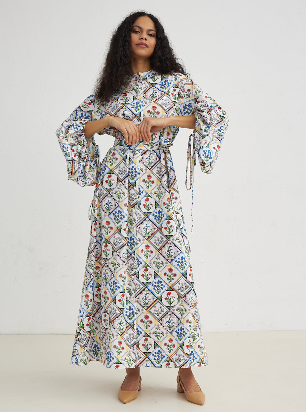 Cotton Balloon Sleeve Printed Dress - Store WF