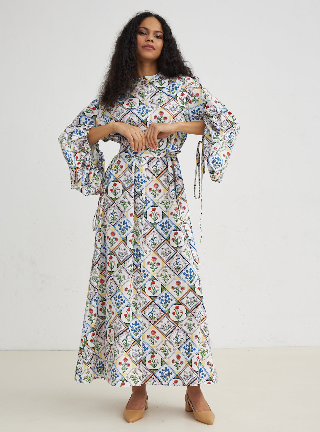 Cotton Balloon Sleeve Printed Dress - Store WF