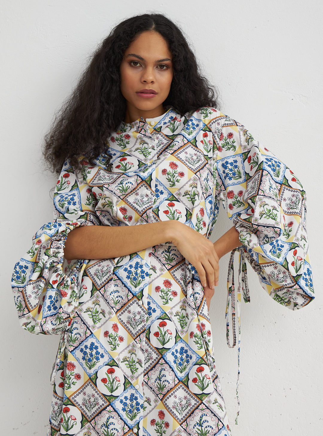 Cotton Balloon Sleeve Printed Dress - Store WF