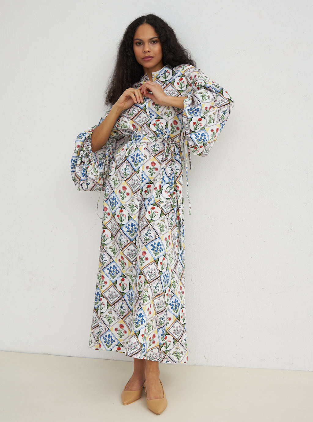 Cotton Balloon Sleeve Printed Dress - Store WF