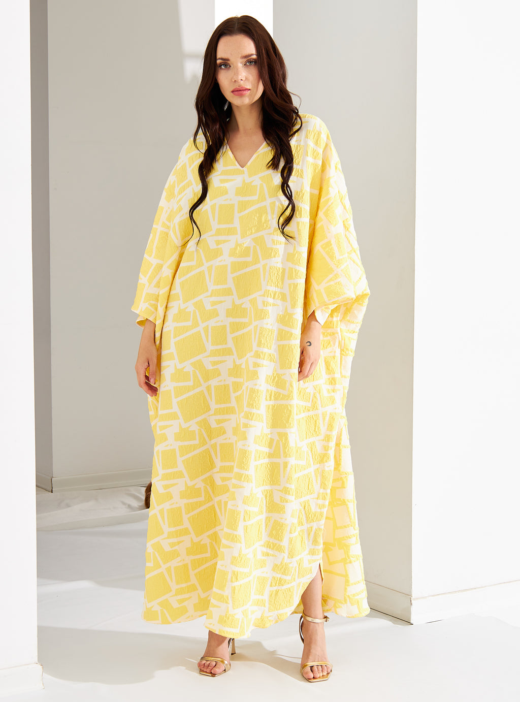 Yellow Jacquard Two Sıde Kaftan Abaya - Store WF