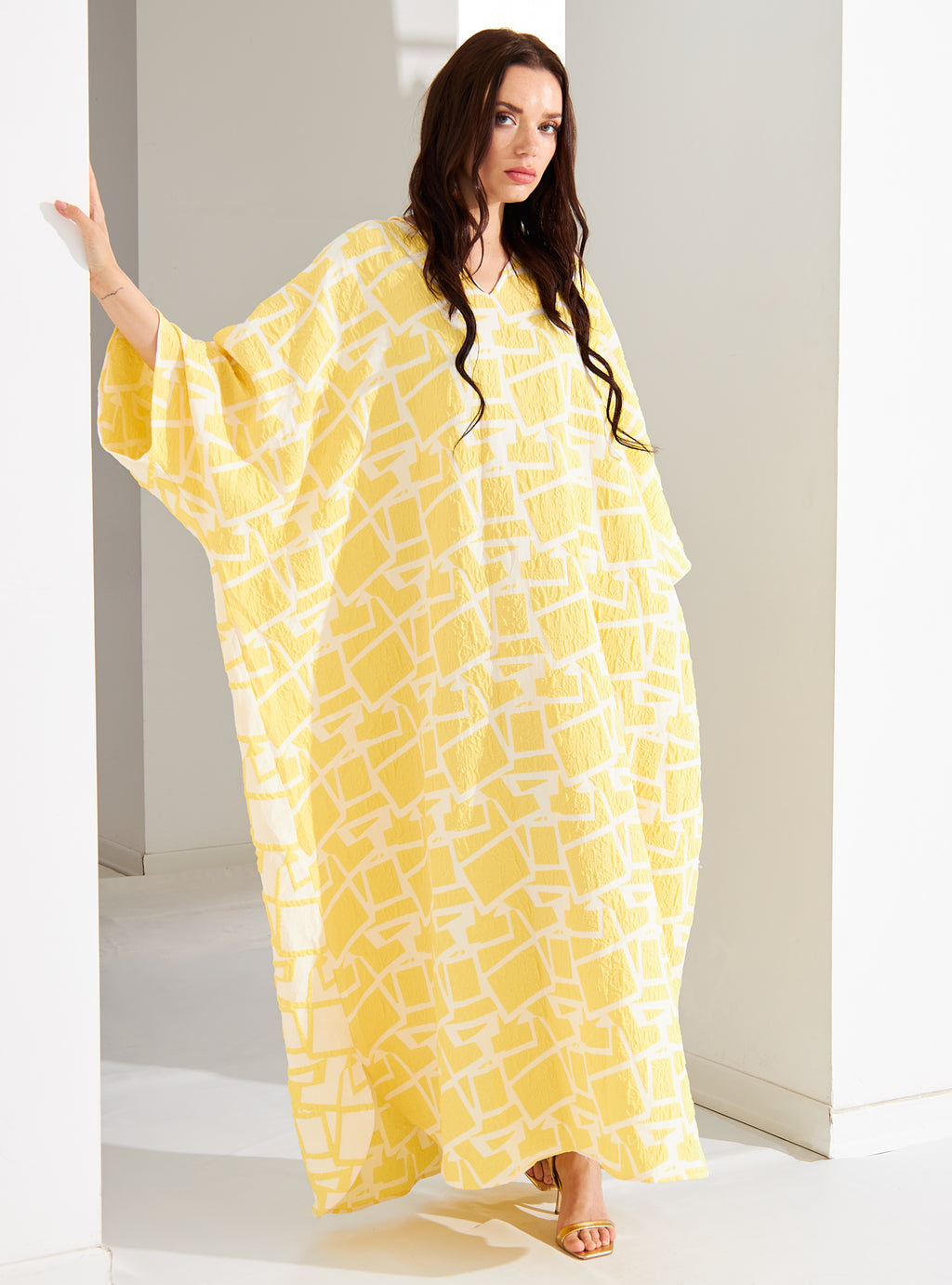 Yellow Jacquard Two Sıde Kaftan Abaya - Store WF
