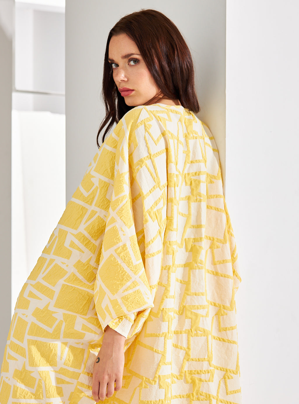 Yellow Jacquard Two Sıde Kaftan Abaya - Store WF