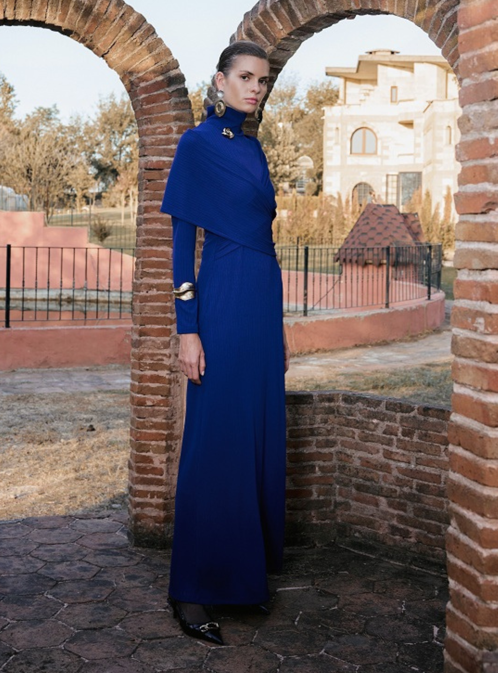 Royal Blue Wrap Style Modest Evening Dress - Store WF