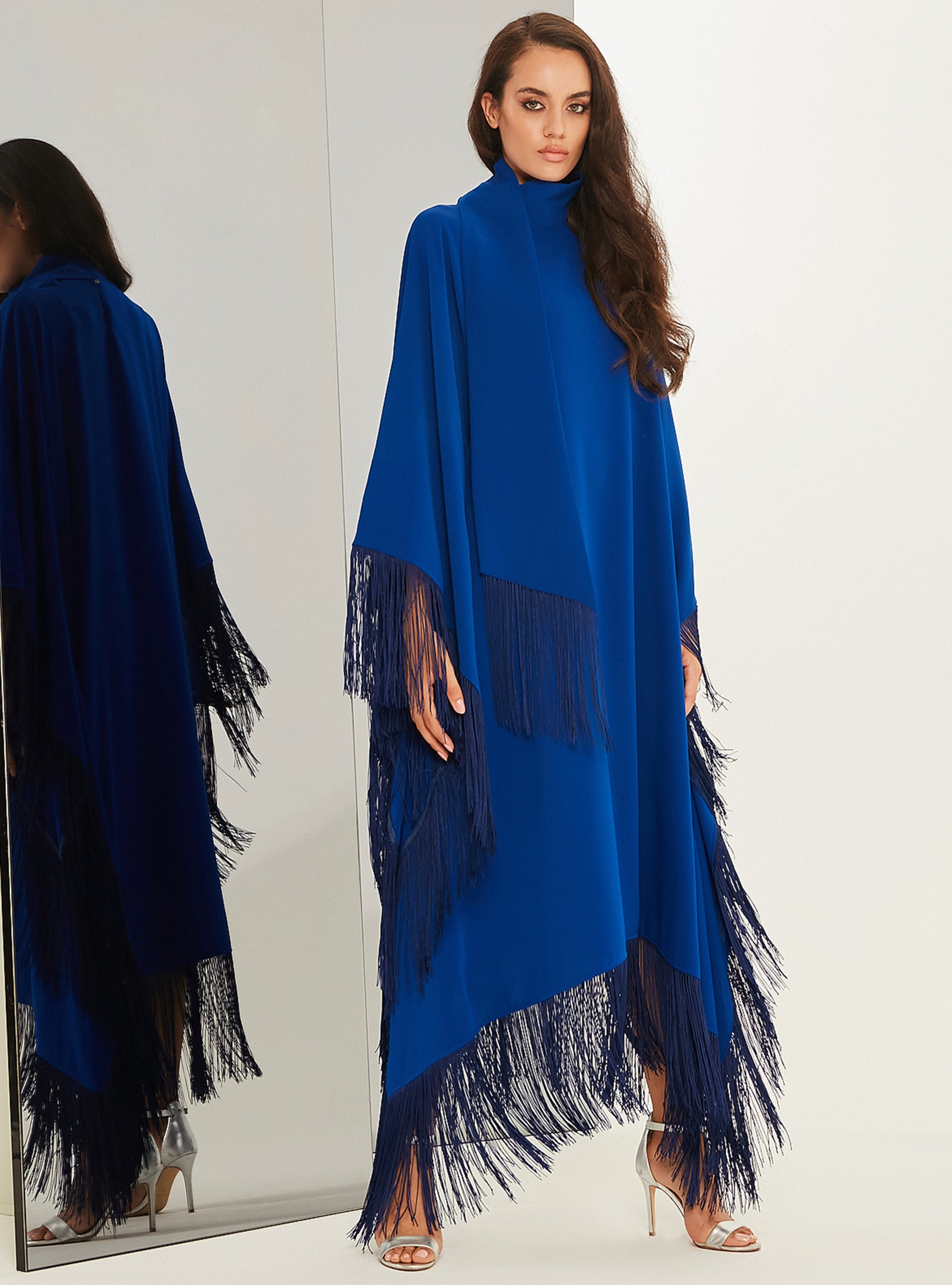 Royal Blue Fringed Kaftan Dress With Tie Neck Detailed - Store WF