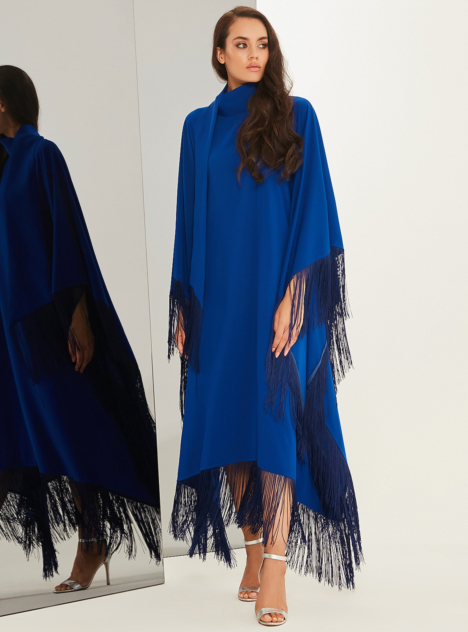 Royal Blue Fringed Kaftan Dress With Tie Neck Detailed - Store WF