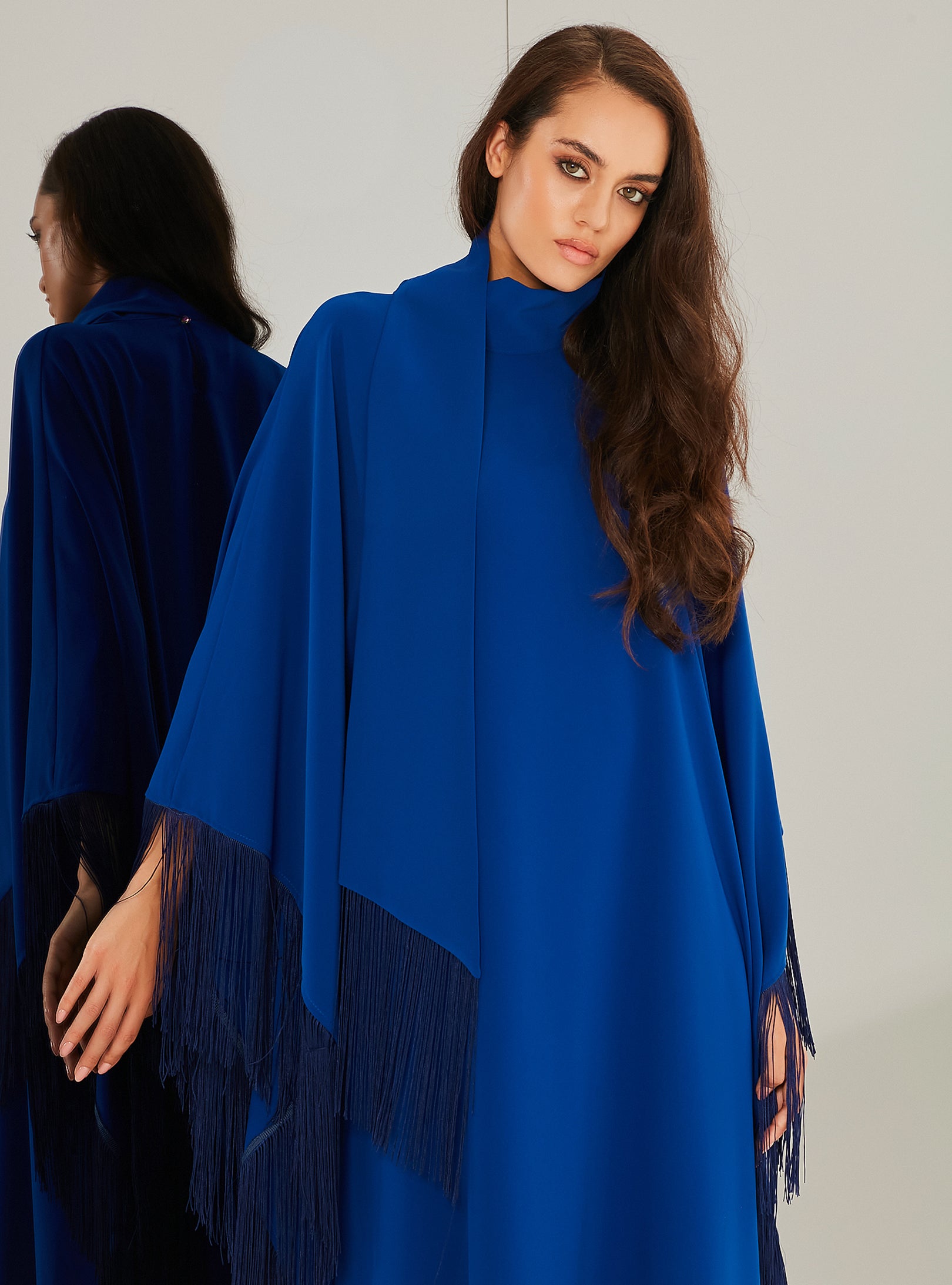 Royal Blue Fringed Kaftan Dress With Tie Neck Detailed - Store WF