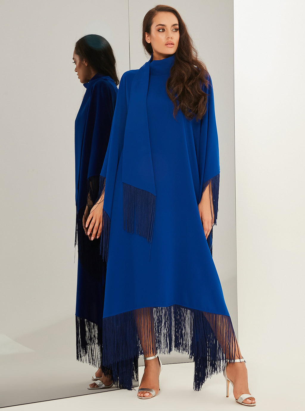 Royal Blue Fringed Kaftan Dress With Tie Neck Detailed - Store WF