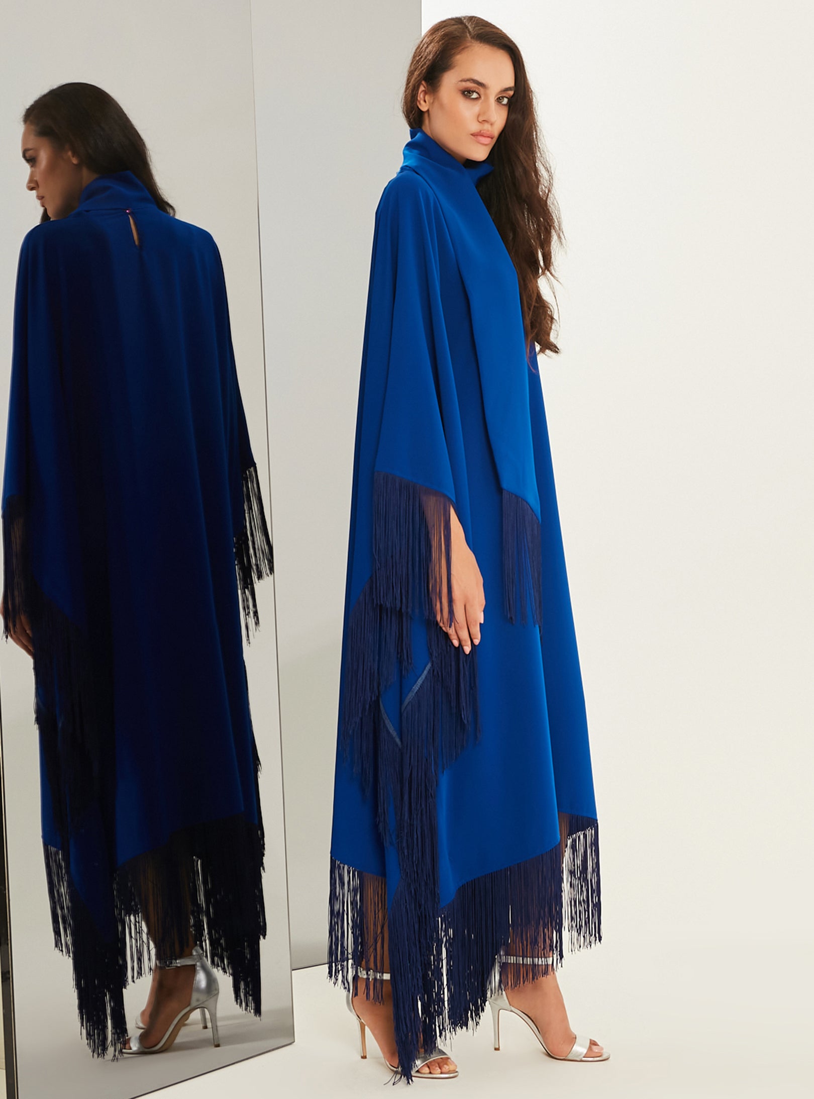 Royal Blue Fringed Kaftan Dress With Tie Neck Detailed - Store WF