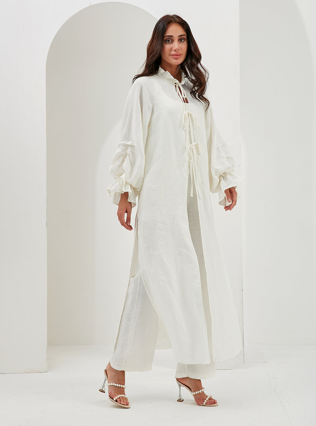 100% Washed Linen Off-White Balloon Sleeve Kimono Trousers Set - Store WF
