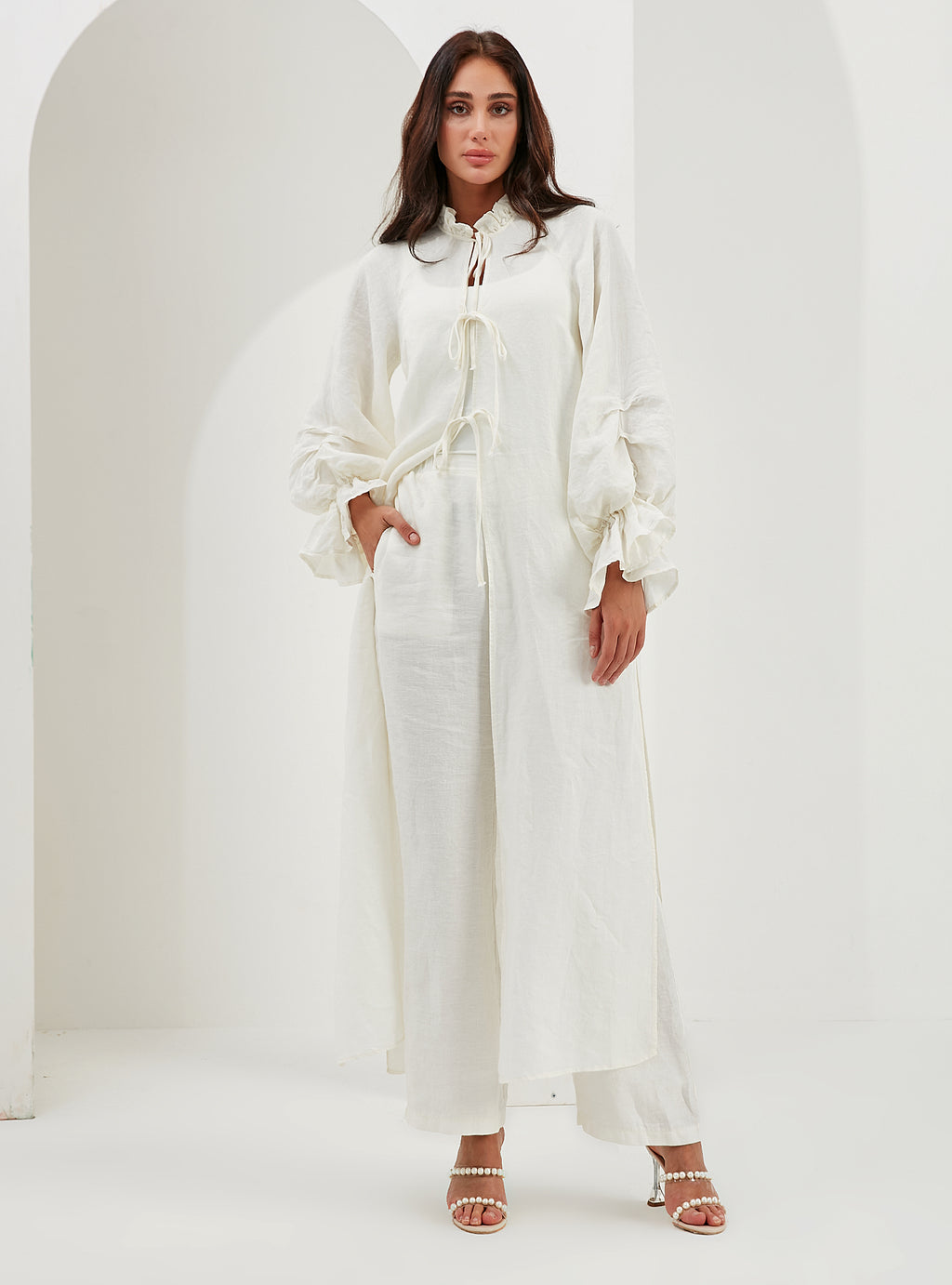 100% Washed Linen Off-White Balloon Sleeve Kimono Trousers Set - Store WF