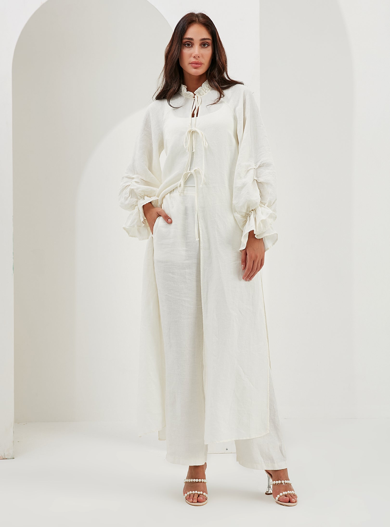 100% Washed Linen Off-White Balloon Sleeve Kimono Trousers Set - Store WF