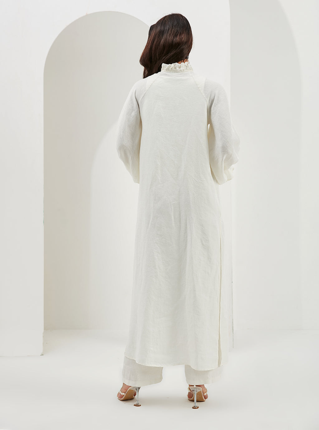 100% Washed Linen Off-White Balloon Sleeve Kimono Trousers Set - Store WF