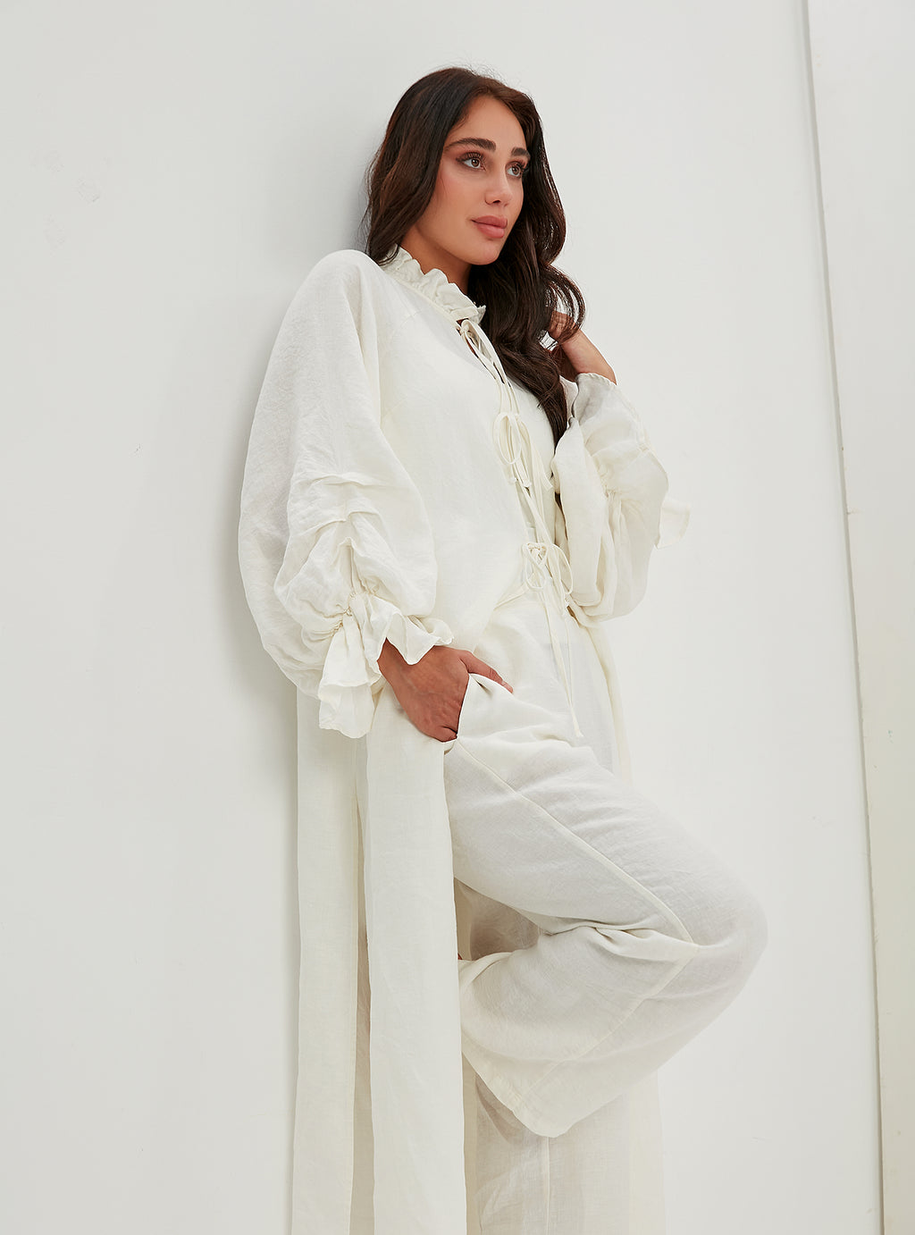 100% Washed Linen Off-White Balloon Sleeve Kimono Trousers Set - Store WF