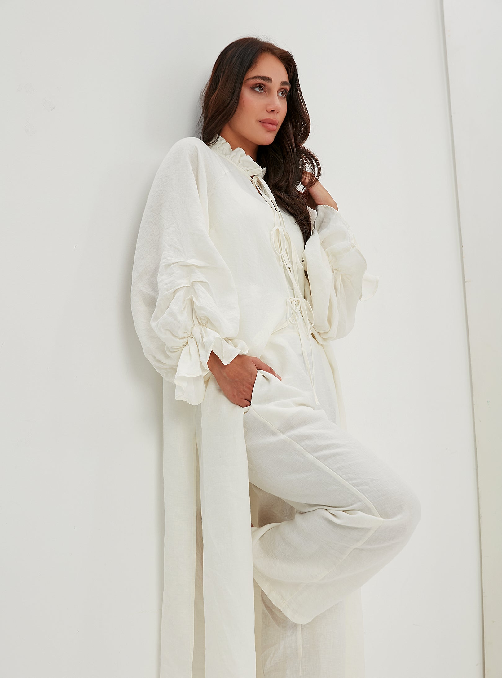 100% Washed Linen Off-White Balloon Sleeve Kimono Trousers Set - Store WF