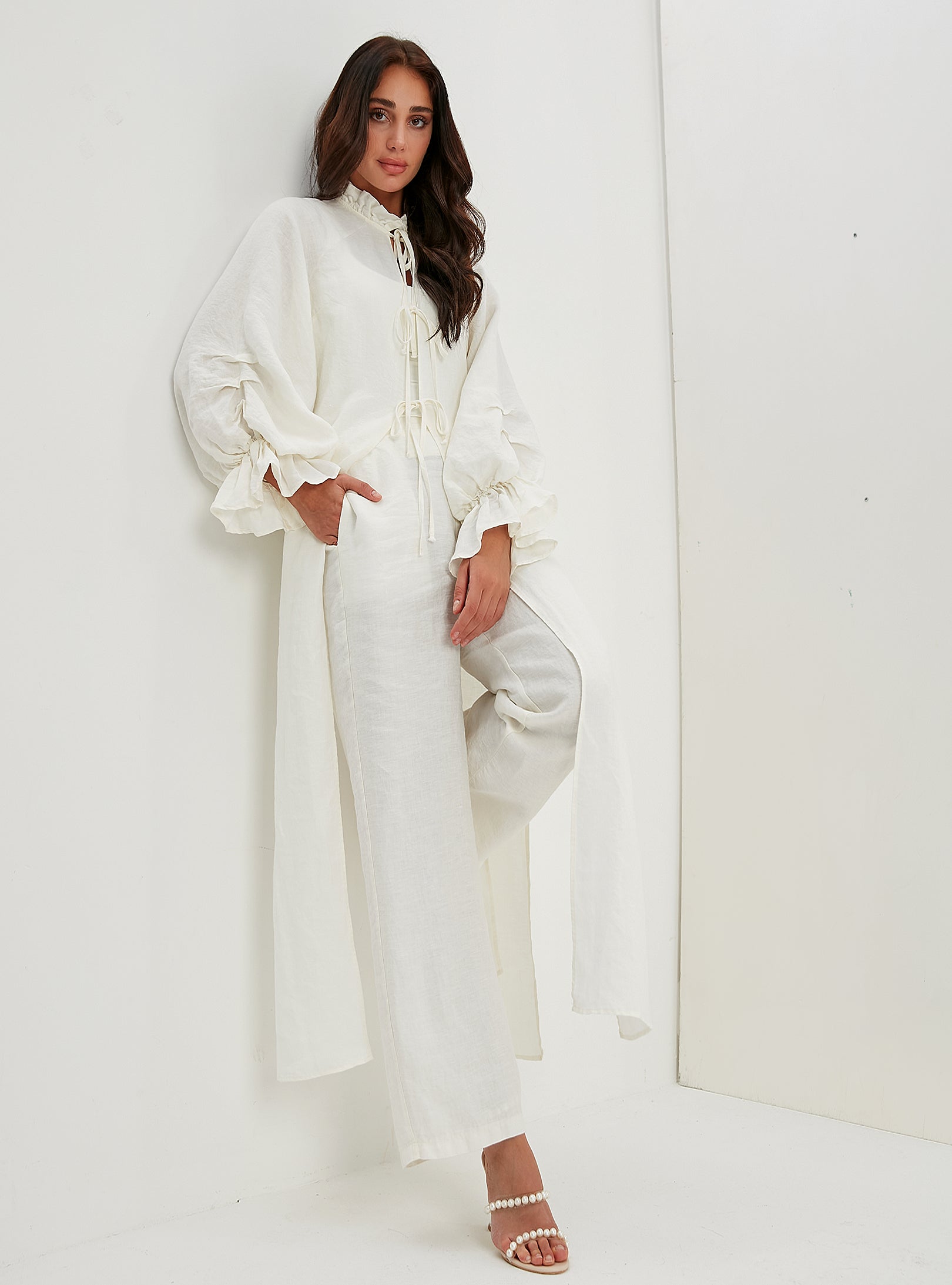 100% Washed Linen Off-White Balloon Sleeve Kimono Trousers Set - Store WF