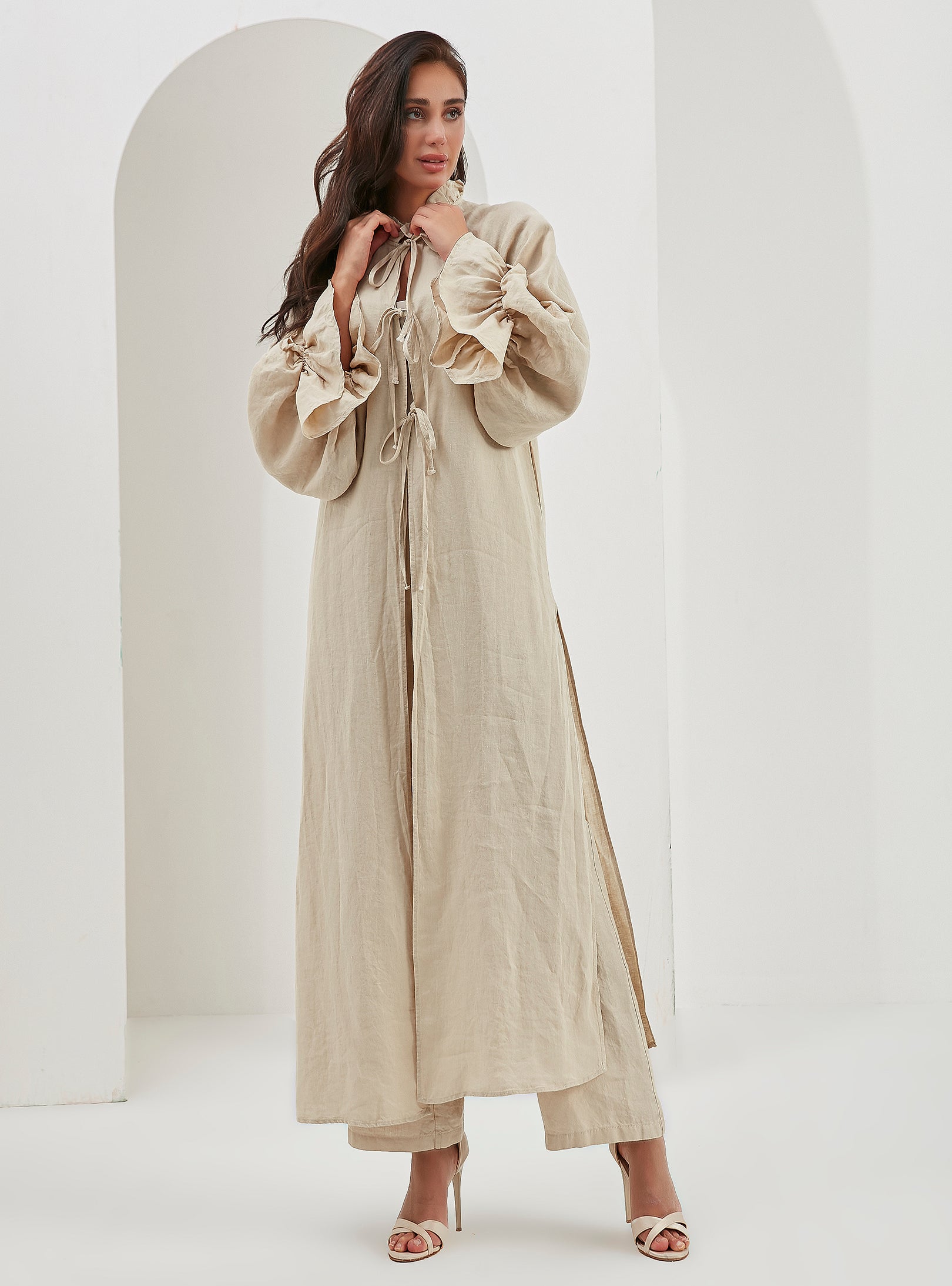 100% Washed Linen Beige Balloon Sleeve Kimono Trousers Set - Store WF