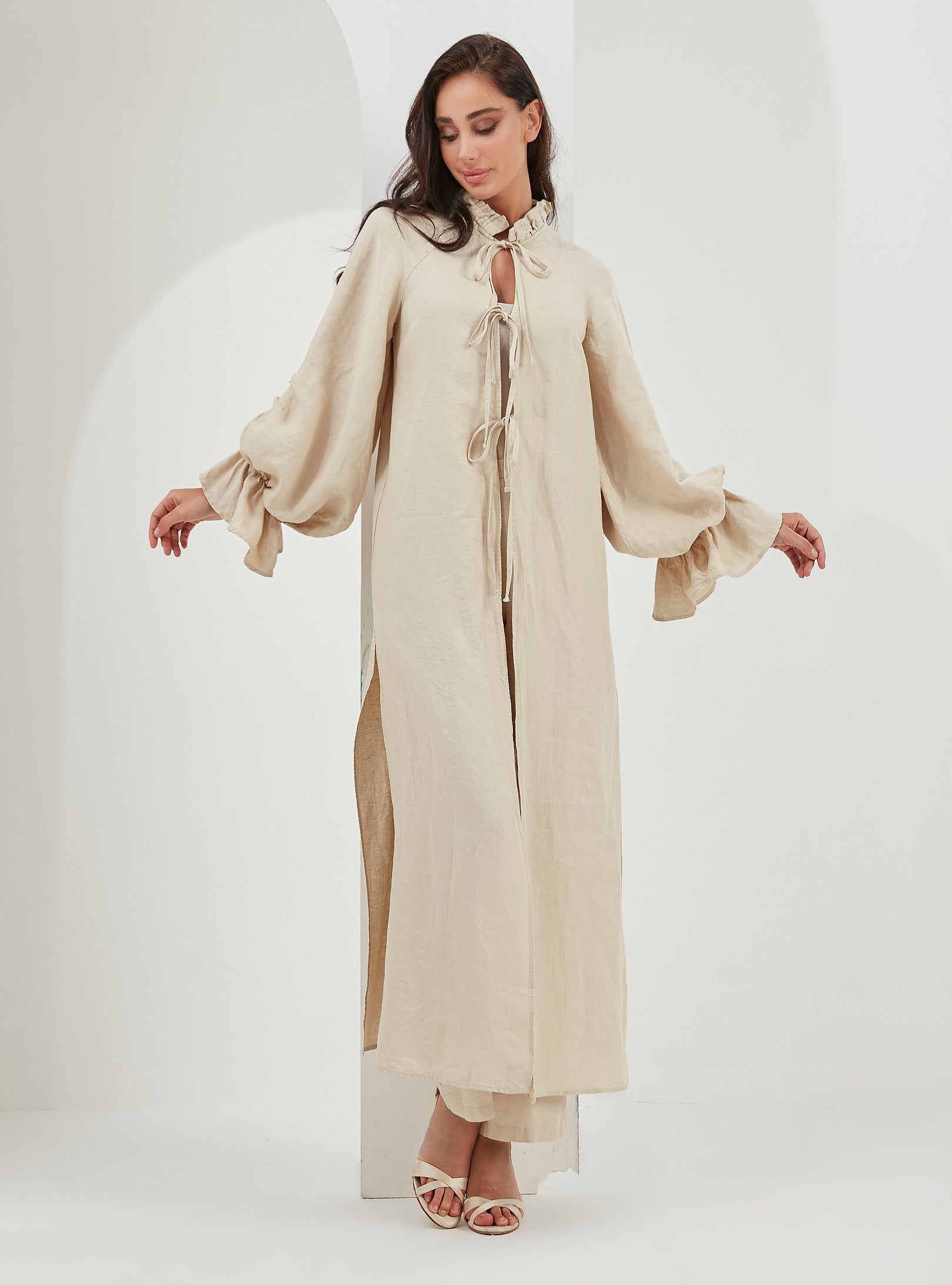 100% Washed Linen Beige Balloon Sleeve Kimono Trousers Set - Store WF