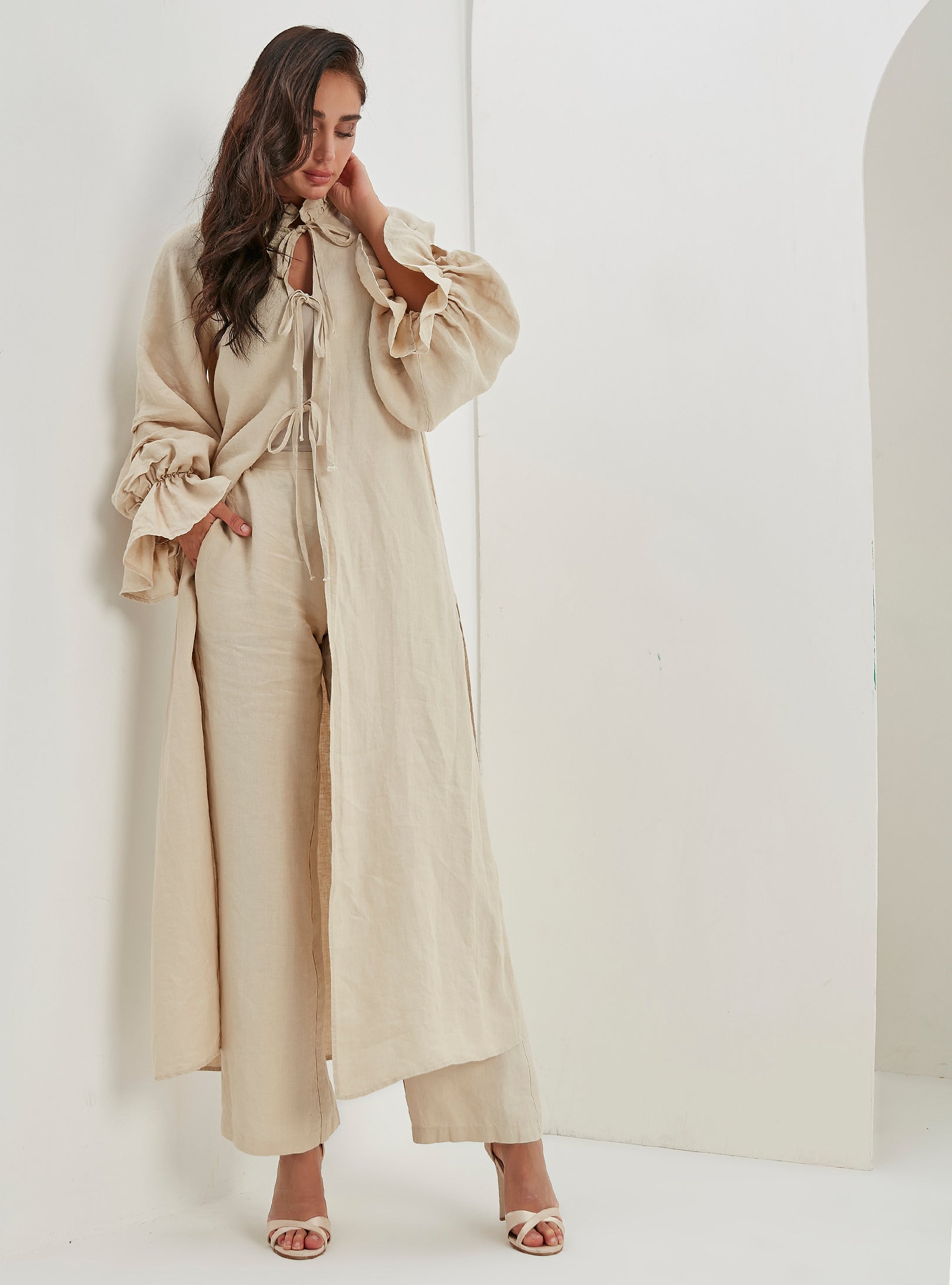100% Washed Linen Beige Balloon Sleeve Kimono Trousers Set - Store WF