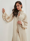 100% Washed Linen Beige Balloon Sleeve Kimono Trousers Set - Store WF