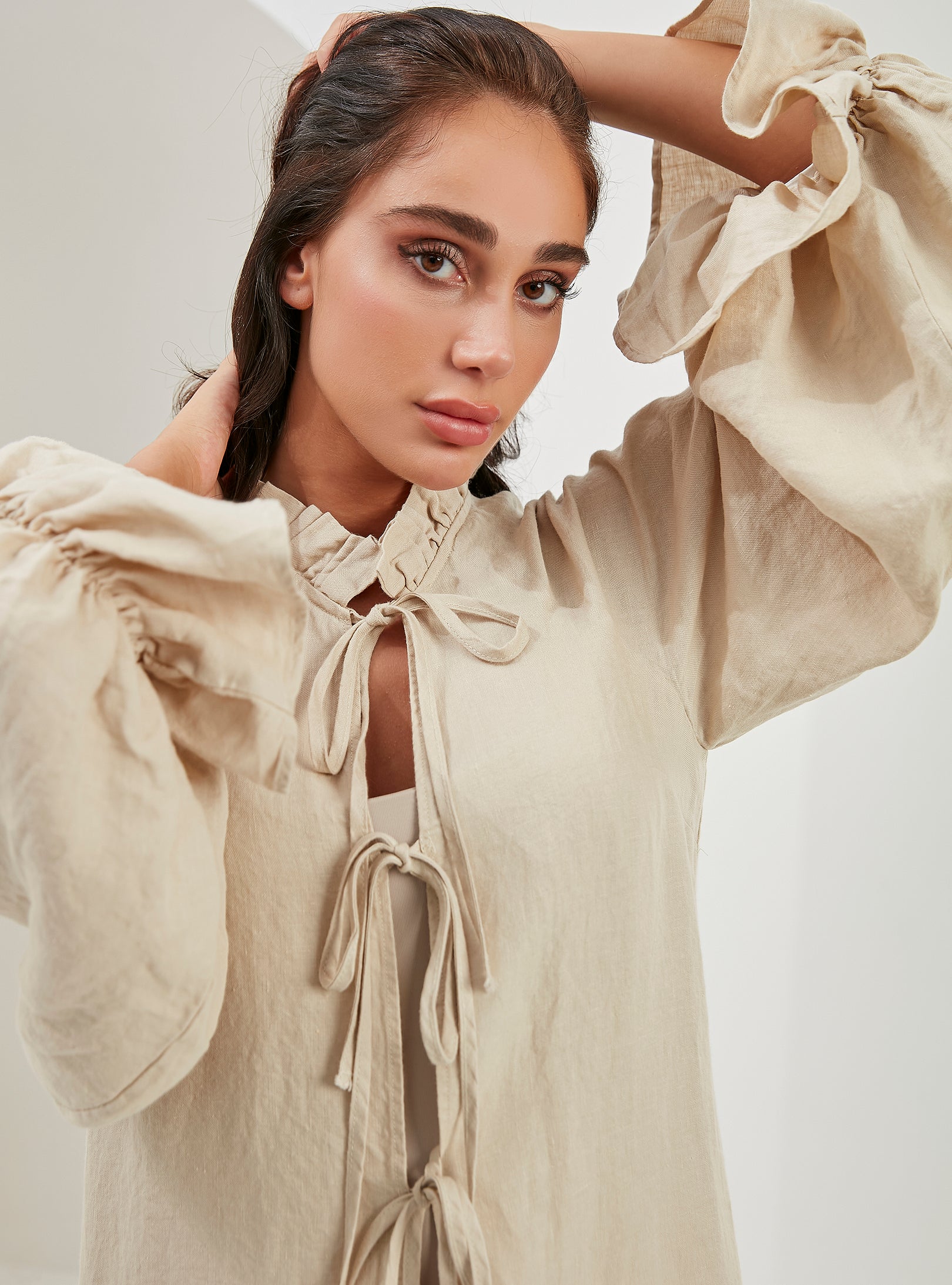 100% Washed Linen Beige Balloon Sleeve Kimono Trousers Set - Store WF