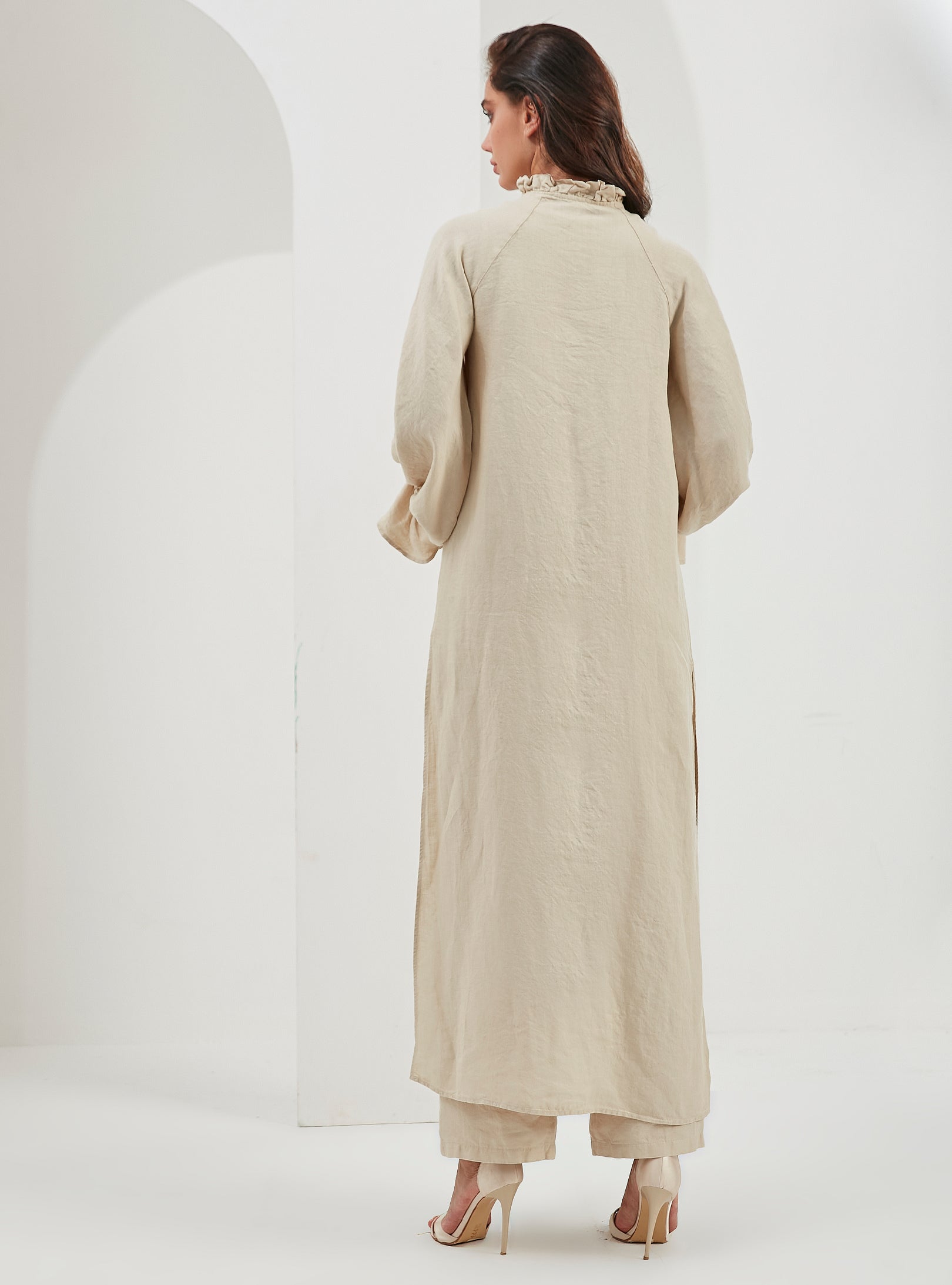 100% Washed Linen Beige Balloon Sleeve Kimono Trousers Set - Store WF