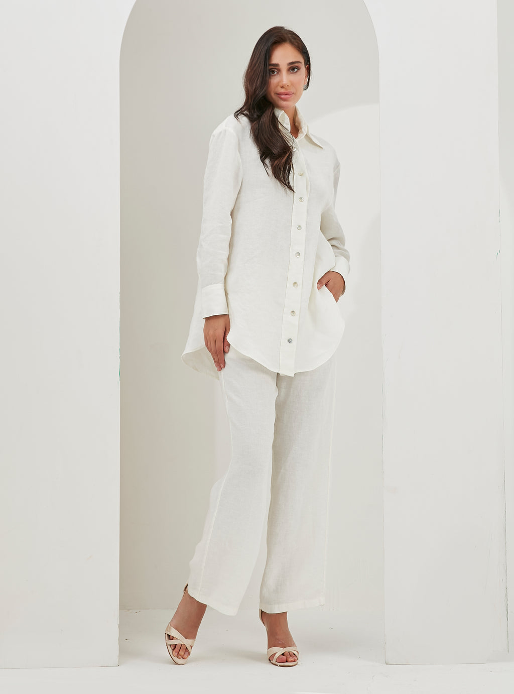 100% Washed Linen White 2 Pieces Shirt And Trouser Set - Store WF