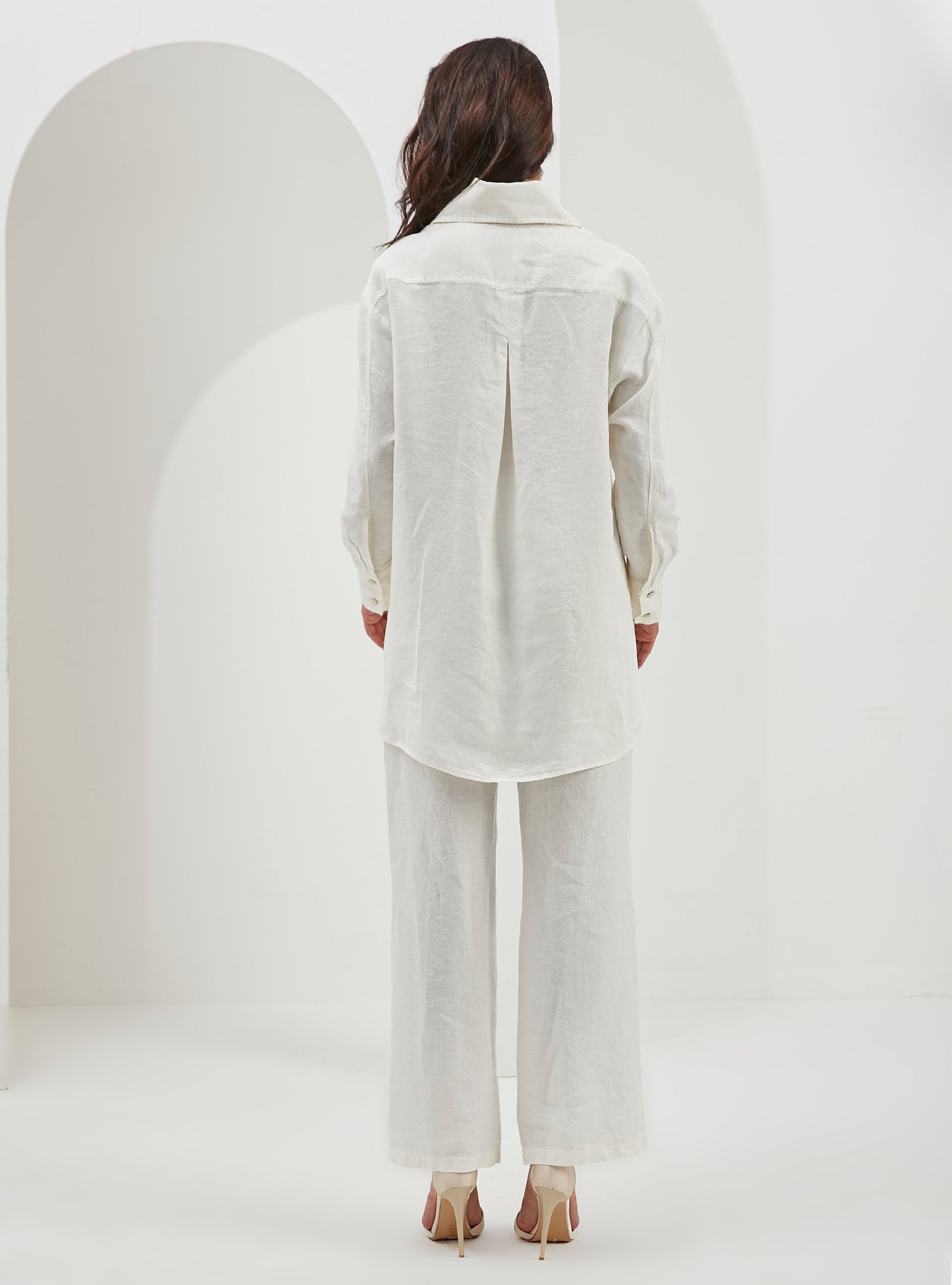 100% Washed Linen White 2 Pieces Shirt And Trouser Set - Store WF