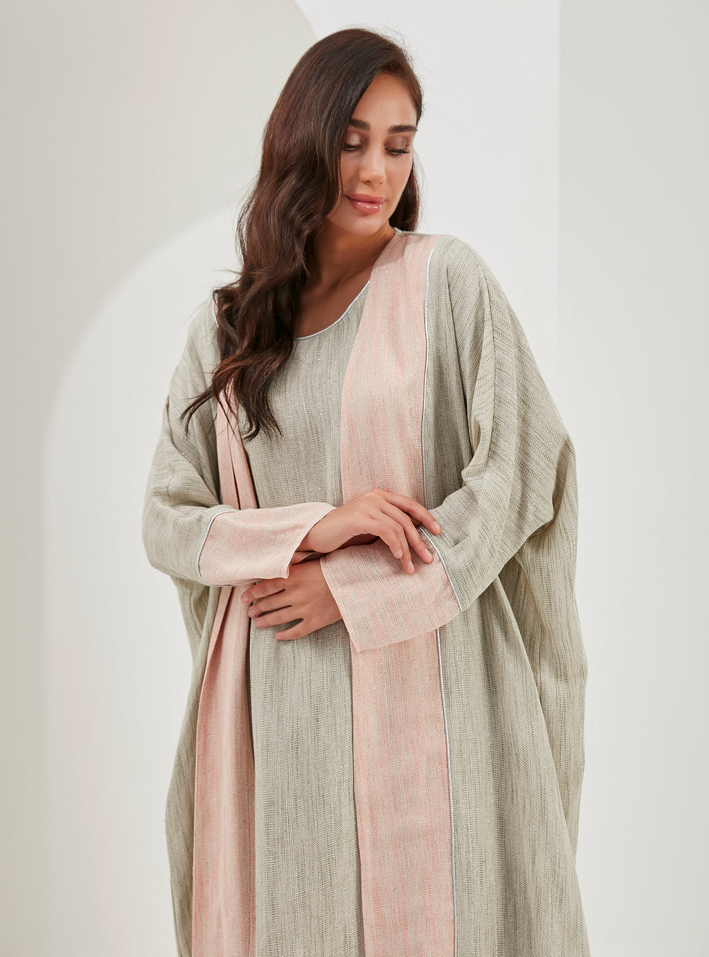 Linen Cotton Silver Glitter Three Pice Abaya Set - Store WF