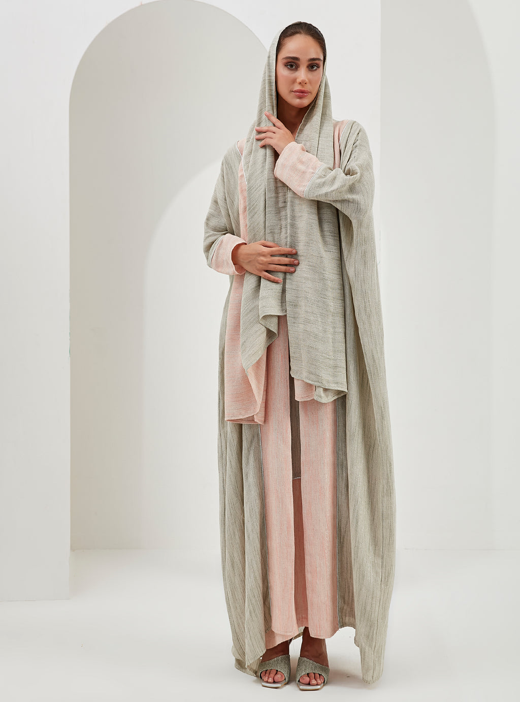 Linen Cotton Silver Glitter Three Pice Abaya Set - Store WF