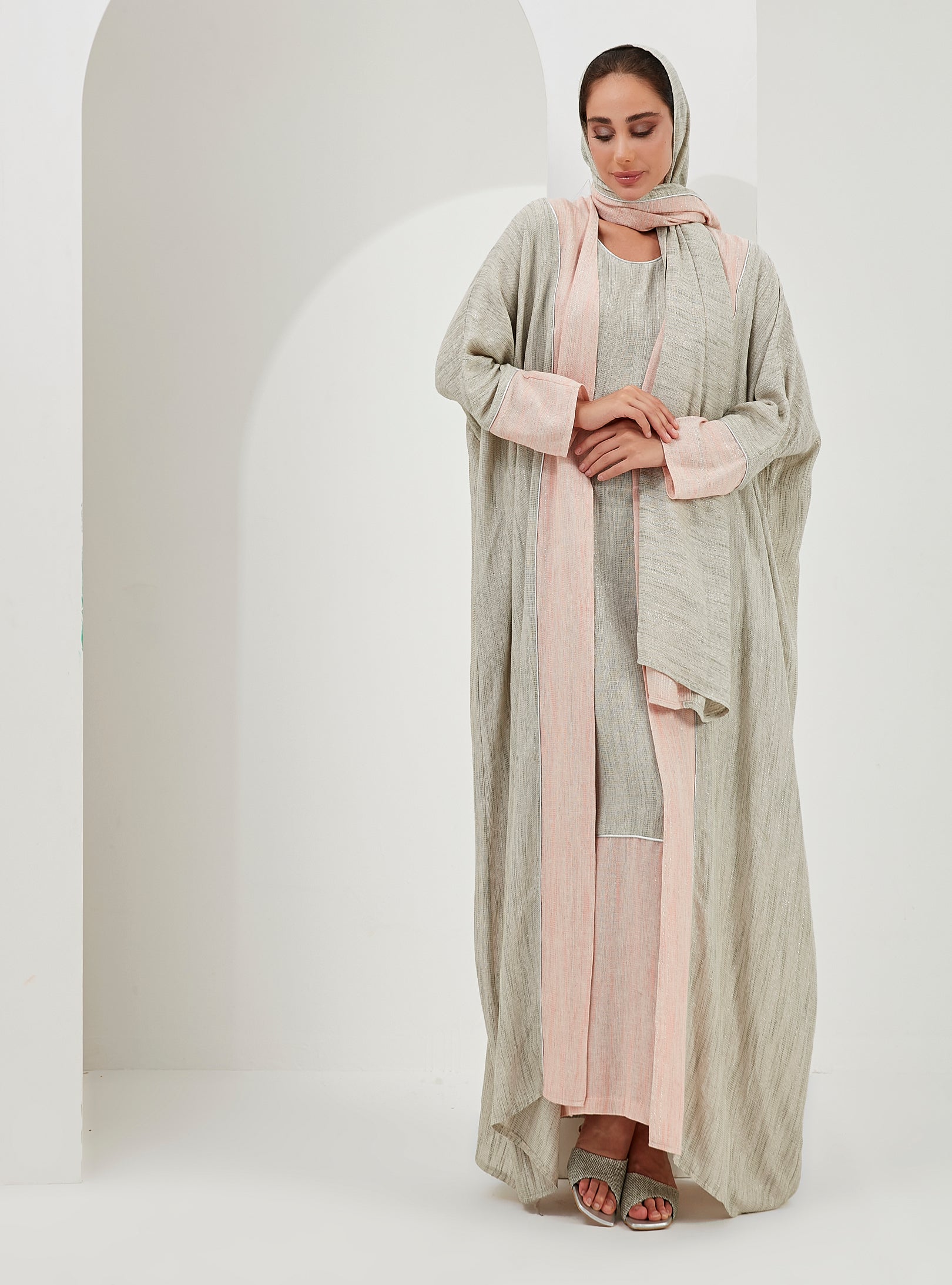 Linen Cotton Silver Glitter Three Pice Abaya Set - Store WF