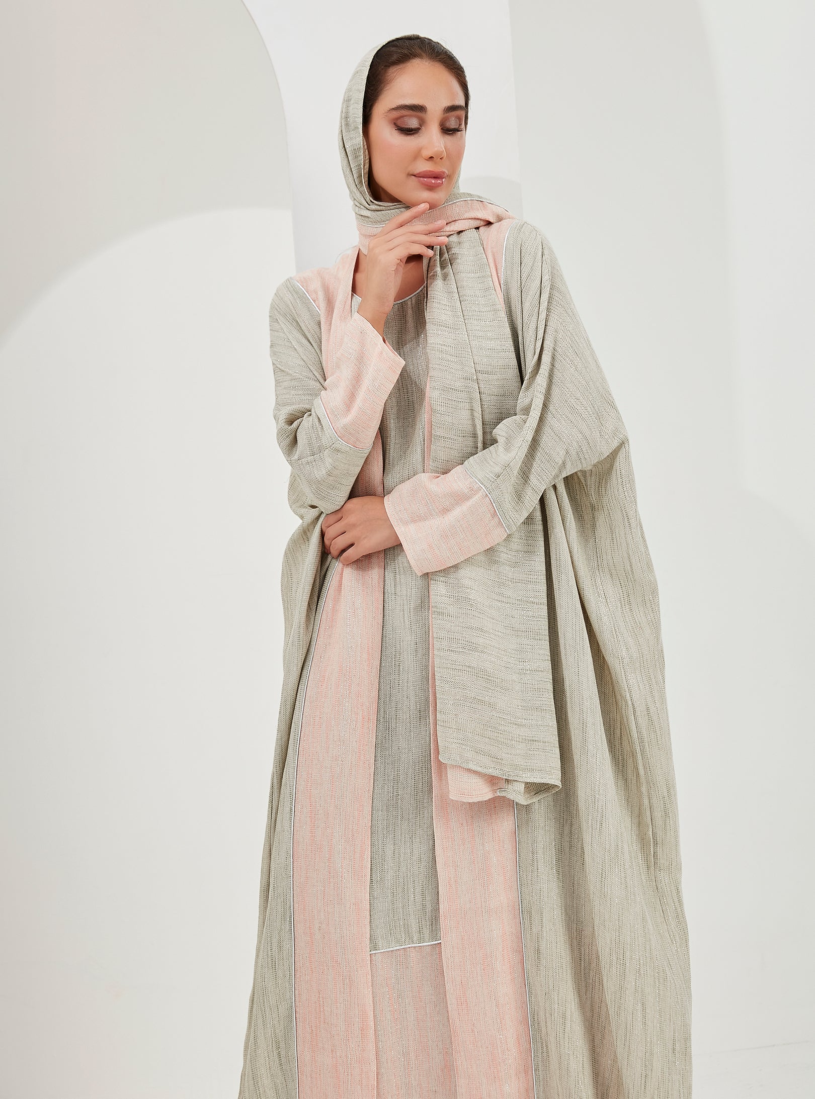 Linen Cotton Silver Glitter Three Pice Abaya Set - Store WF