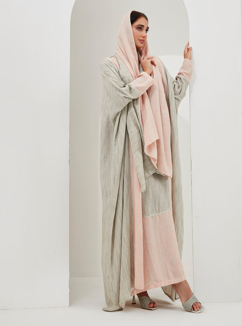 Linen Cotton Silver Glitter Three Pice Abaya Set - Store WF