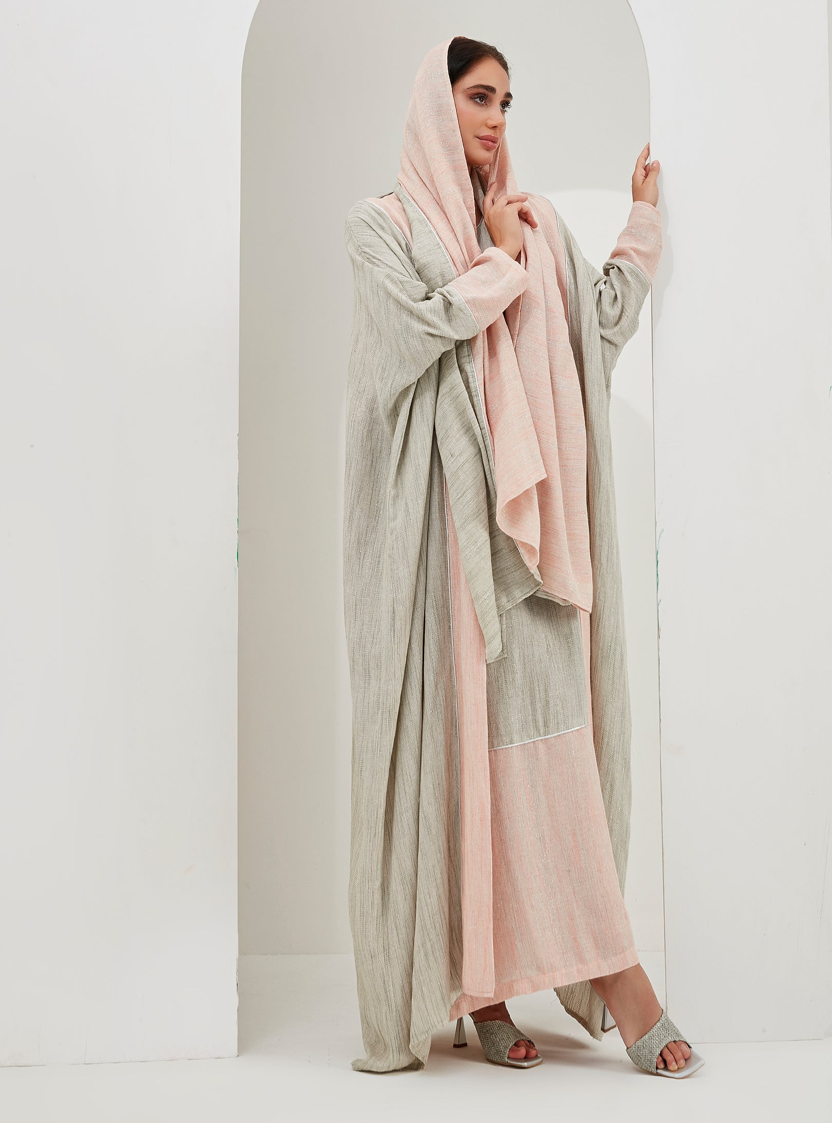 Linen Cotton Silver Glitter Three Pice Abaya Set - Store WF