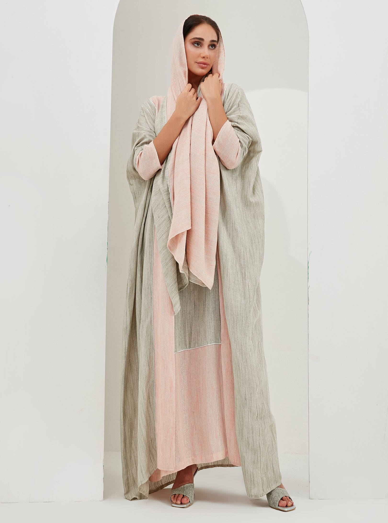 Linen Cotton Silver Glitter Three Pice Abaya Set - Store WF
