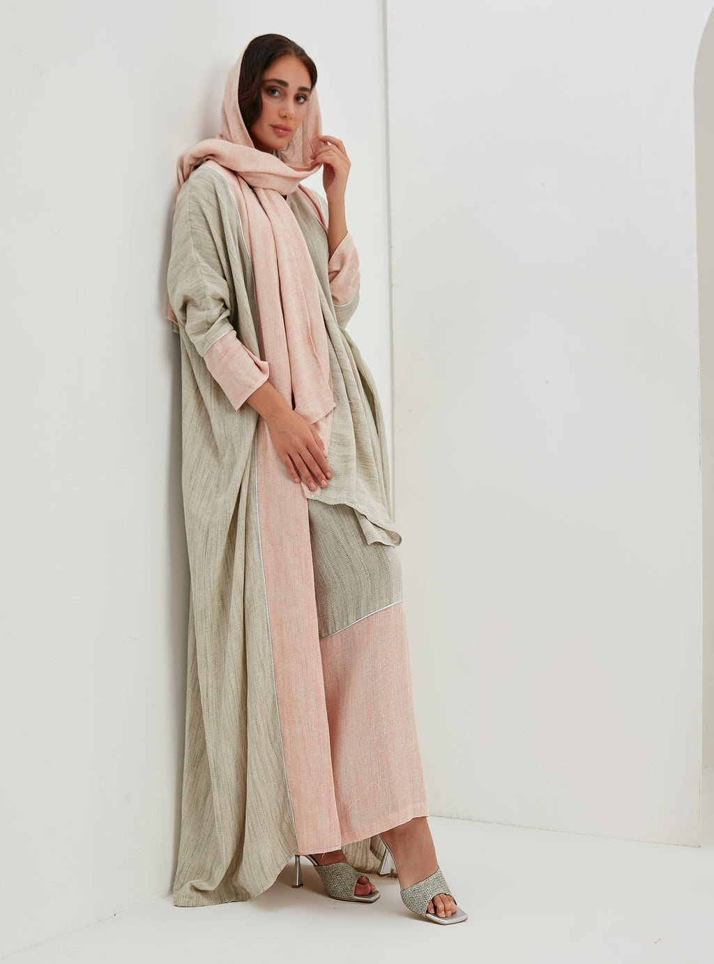 Linen Cotton Silver Glitter Three Pice Abaya Set - Store WF