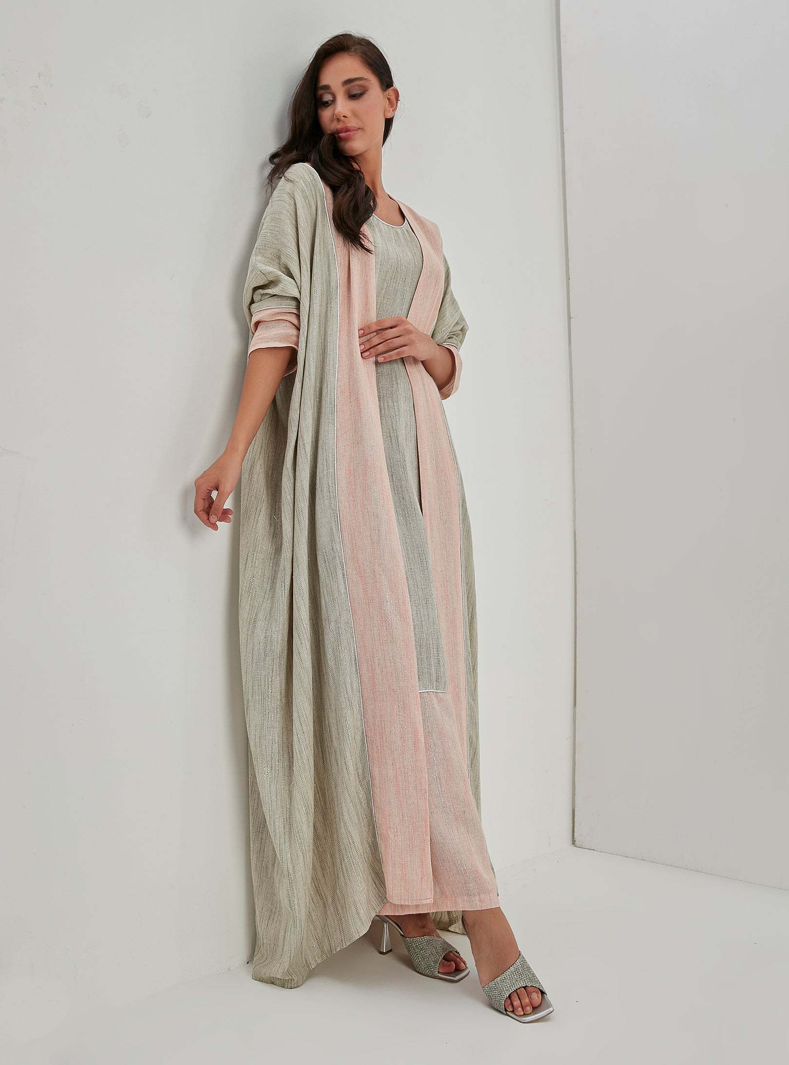 Linen Cotton Silver Glitter Three Pice Abaya Set - Store WF