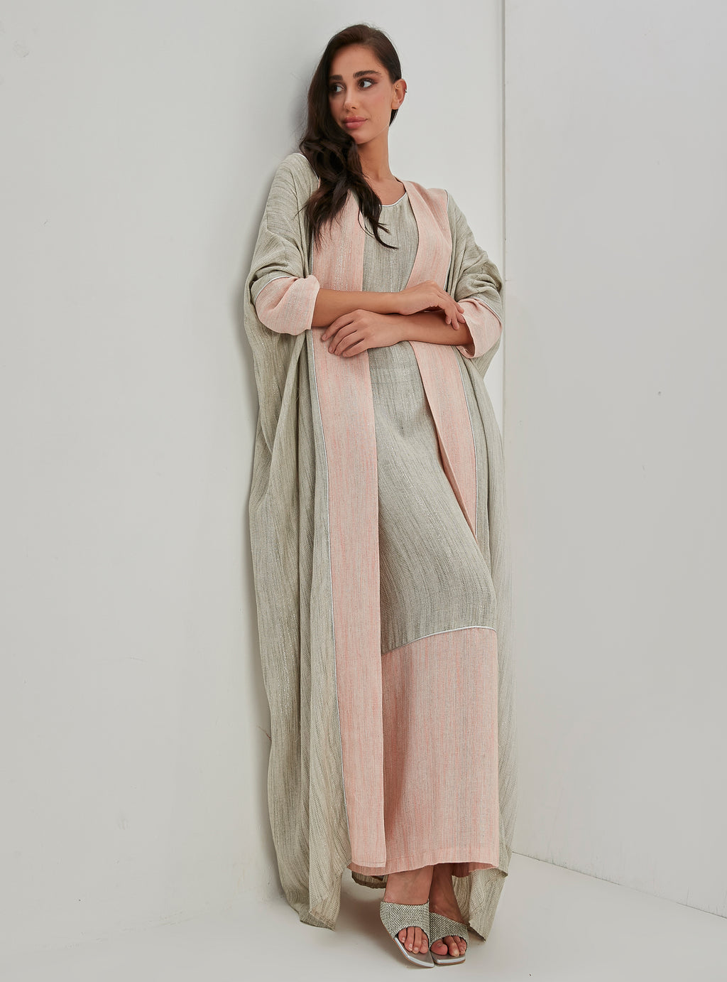 Linen Cotton Silver Glitter Three Pice Abaya Set - Store WF