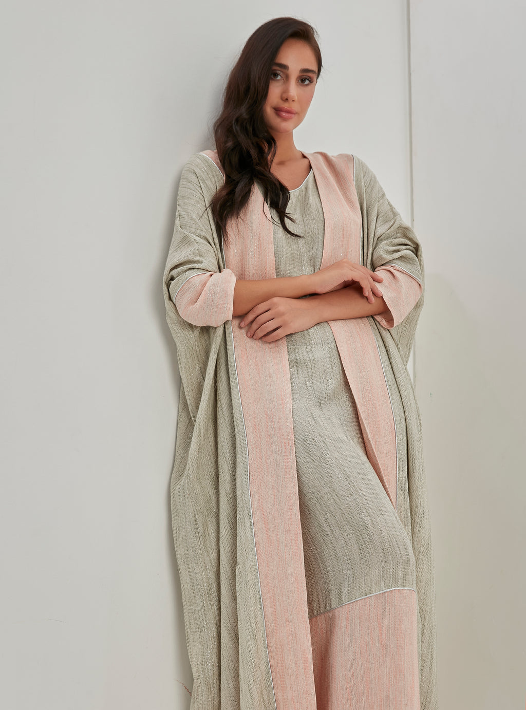 Linen Cotton Silver Glitter Three Pice Abaya Set - Store WF