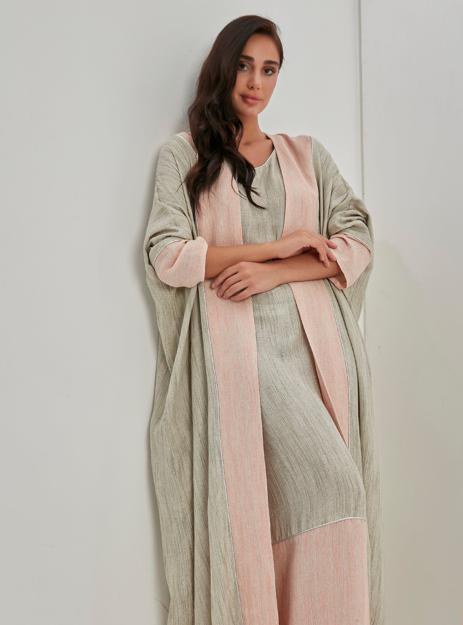 Linen Cotton Silver Glitter Three Pice Abaya Set - Store WF